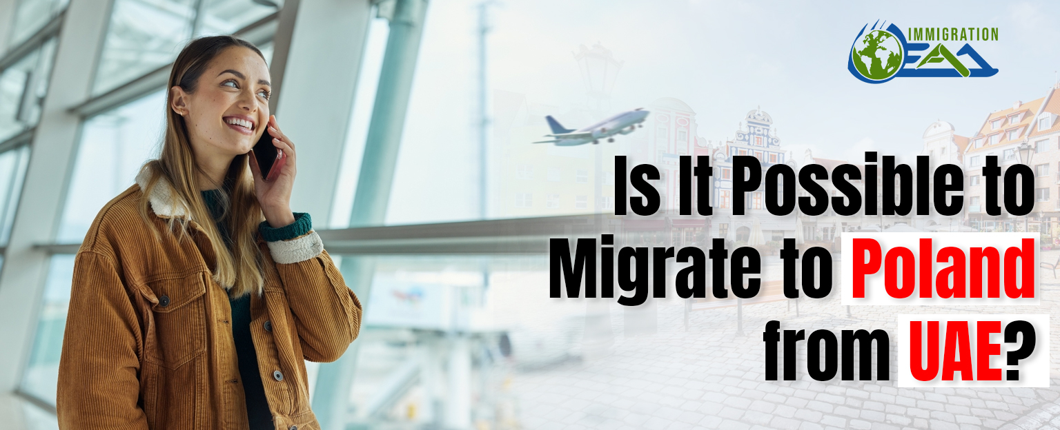 A woman wearing a brown jacket is smiling while speaking on the phone at an airport, with a plane flying in the background and the text "Is It Possible to Migrate to Poland from UAE?" prominently displayed