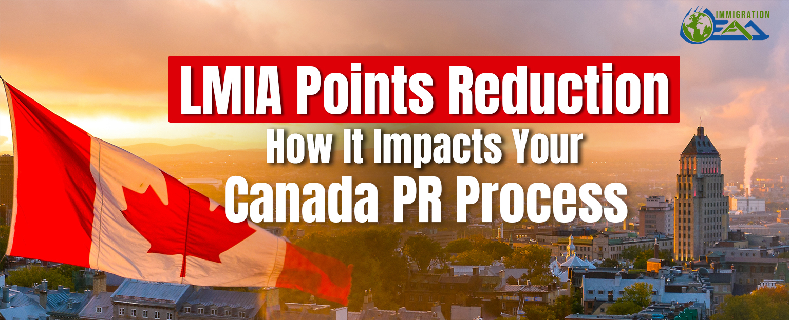 A Canadian flag waving in the foreground with a cityscape in the background at sunset. The text overlay reads "LMIA Points Reduction - How It Impacts Your Canada PR Process," with the EAM Global Immigration logo in the top right corner.