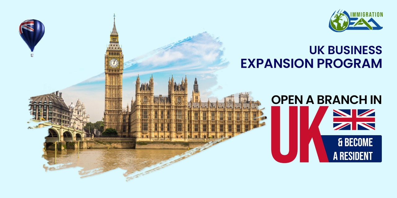 The UK Business Expansion Program by EAM Immigration, featuring an image of Big Ben and the Houses of Parliament with text encouraging opening a branch in the UK to become a resident.